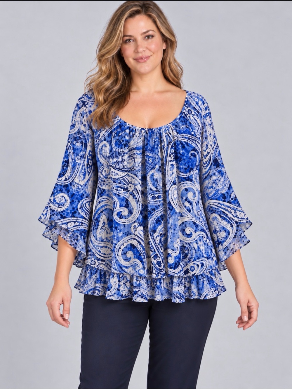 Sara Michelle Blue and White Paisley Ruffled Peasant Top